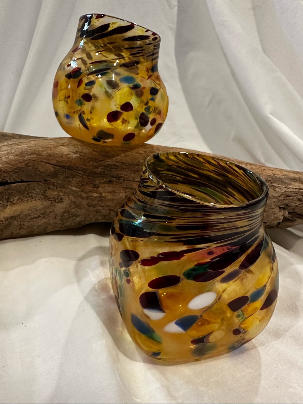 Hand-Blown Studio Art Glass Signed Loretta EBY Speckled Pair of small vases